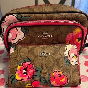 Coach Brown and Pink Crossbody Bags with Floral Design